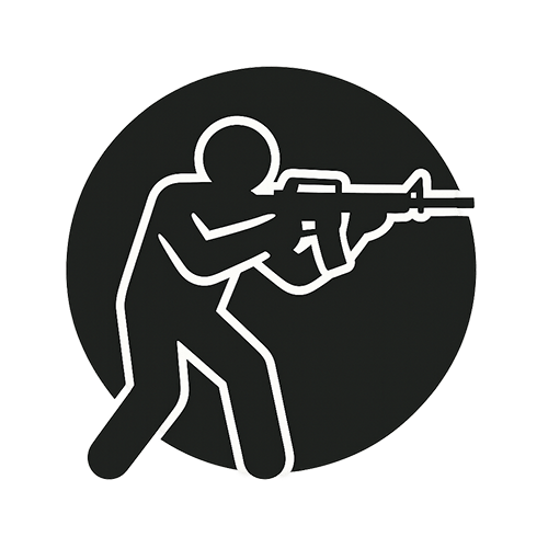 Icon silhouette of a person in a dynamic shooting stance holding an assault rifle, representing carbine or rifle courses.