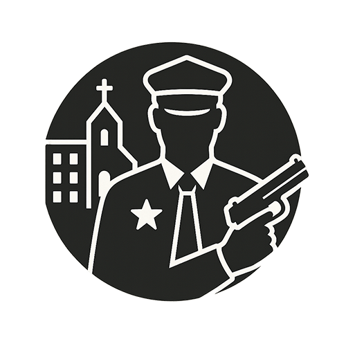 Icon representing corporate and church security training, showing a security officer with a handgun in front of a building and a church.