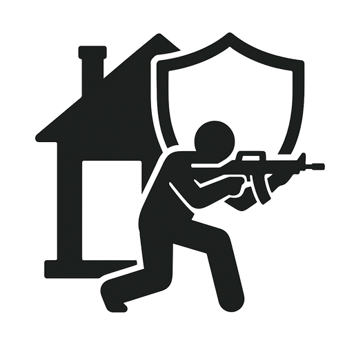 Icon depicting home defense and tactical movement, featuring a person with a rifle in a low ready stance in front of a house and a shield.