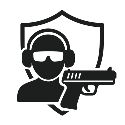 Icon symbolizing firearms safety, featuring a person with hearing and eye protection, holding a handgun, against a shield background.