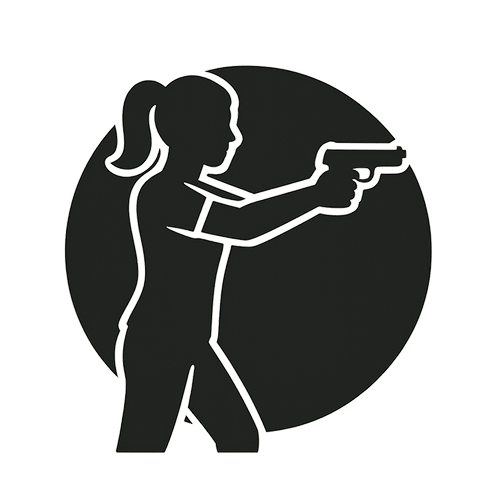 Icon silhouette of a woman in a shooting stance holding a handgun, representing women-only firearms training.