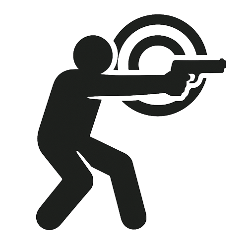 Silhouette icon of a shooter in a defensive pistol stance aiming toward a target.